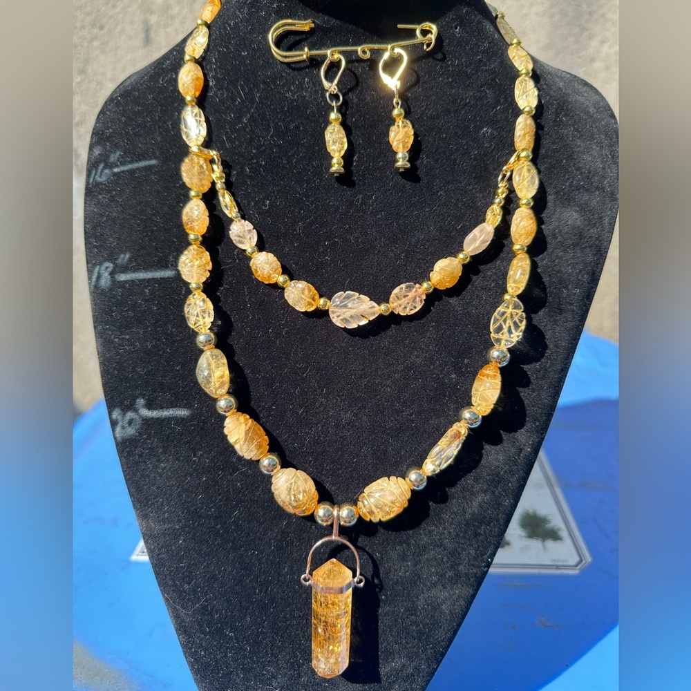 Carved Citrine Necklace, Bracelet and Earring Set